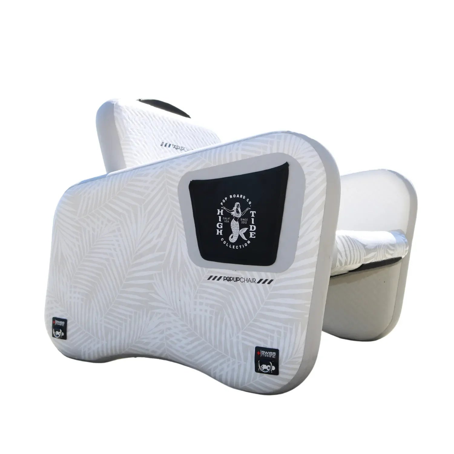 Close-up of the POP Dock inflatable chair showing premium stitched detailing and backrest design.