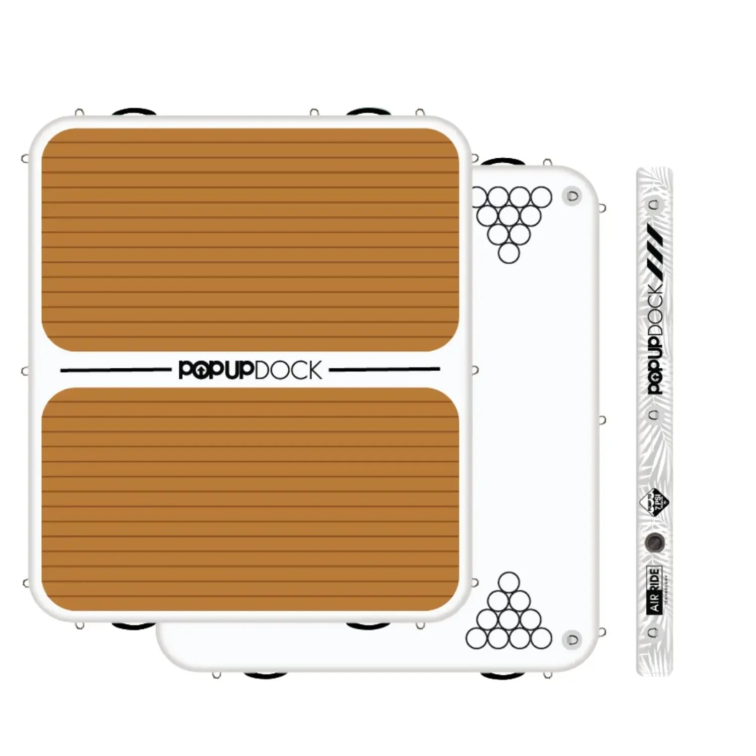 Top and bottom view of the POP Up Dock inflatable platform featuring non-slip teak-style traction pad on top and beer pong tournament layout on the bottom.