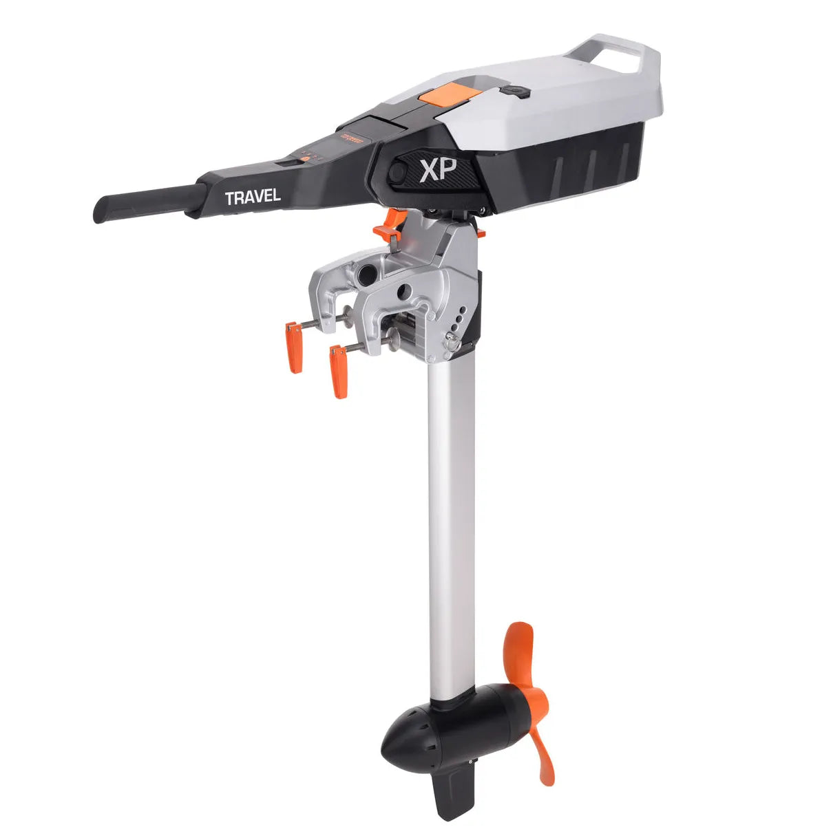 Torqeedo Travel XP S electric outboard motor, three-quarter view with orange propeller