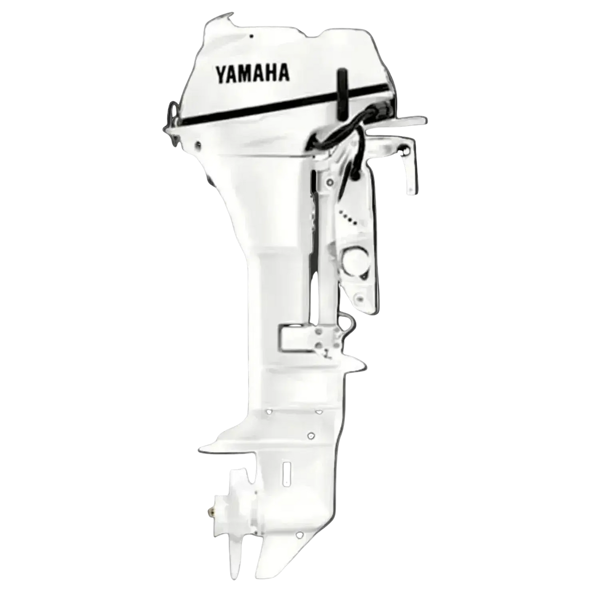 Yamaha 9.9hp four-stroke outboard motor displayed against a clean background, highlighting the cowl and steering bracket
