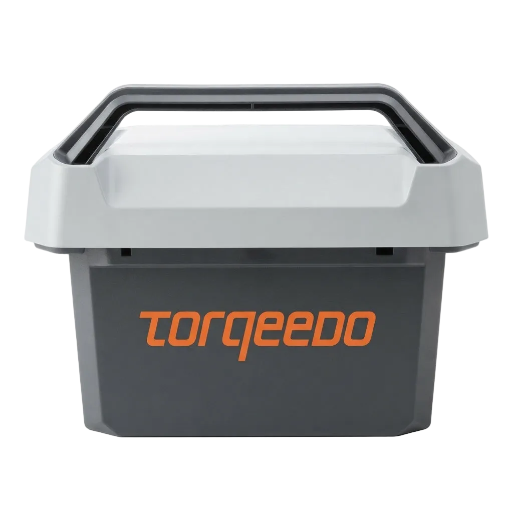 Torqeedo Travel battery front view with handle and distinct brand logo.