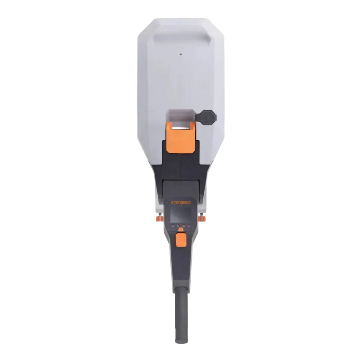 Torqeedo Travel S electric outboard motor head, top view showing the white battery housing with orange latch and the tiller handle with control display