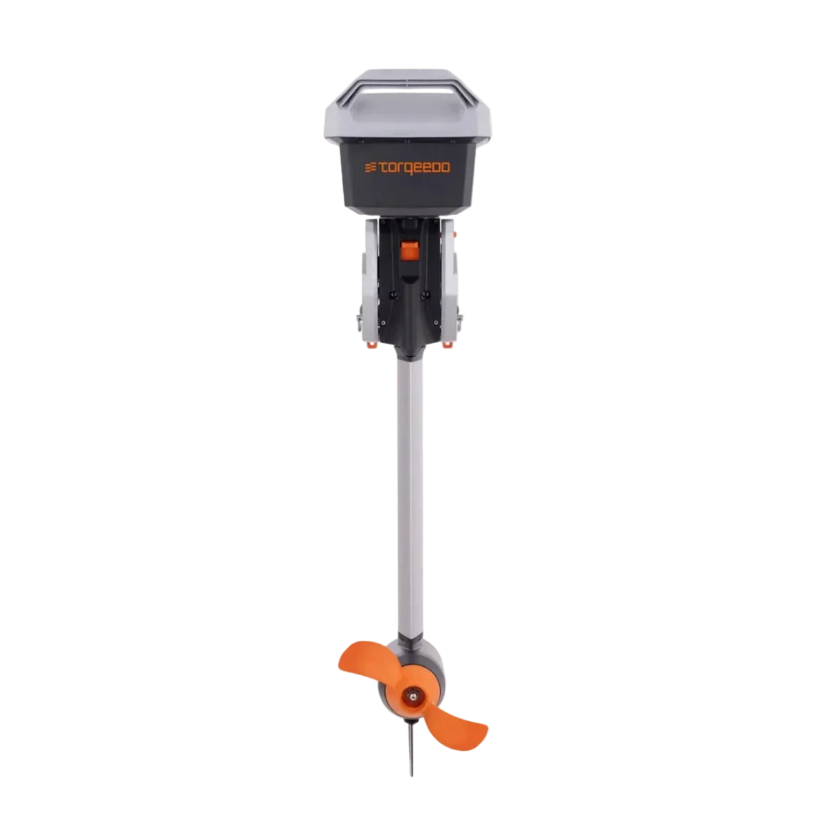 Torqeedo Travel S electric outboard motor, rear view showing the branded battery head, transom mount, long shaft and orange propeller