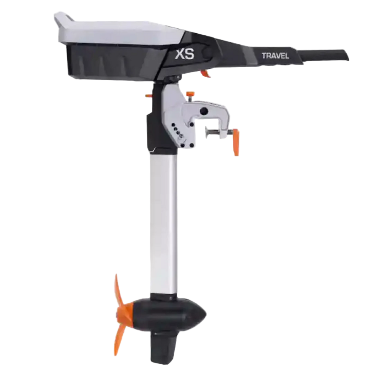 Torqeedo Travel XS electric outboard motor, side view showing the tiller handle, motor head with XS branding, transom mount, long shaft and orange propeller with pod housing