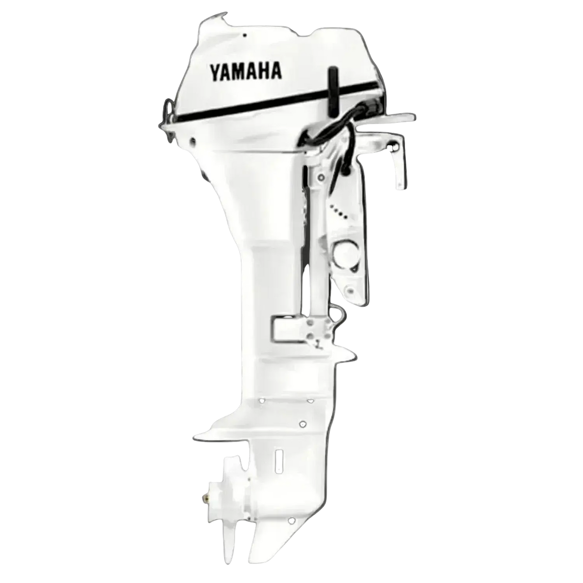 Side profile view of the white Yamaha 9.9hp portable outboard motor showcasing its compact two-cylinder design and propelle